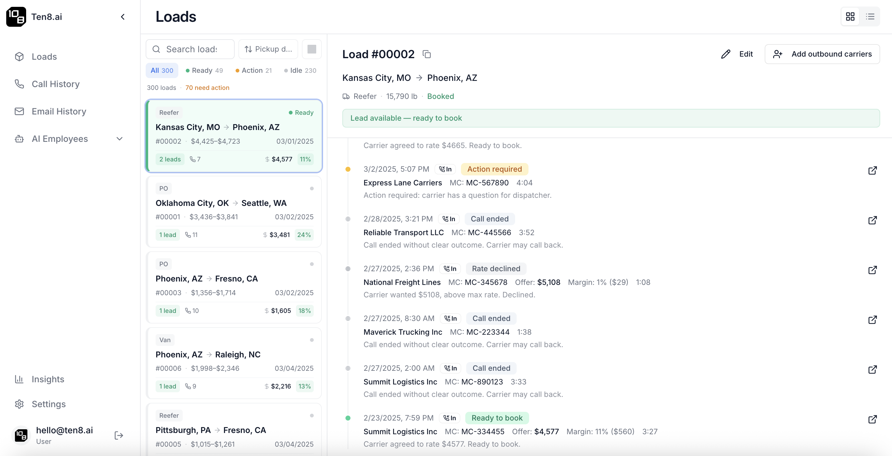 Ten8 product screenshot: Automated load board posting and carrier outreach