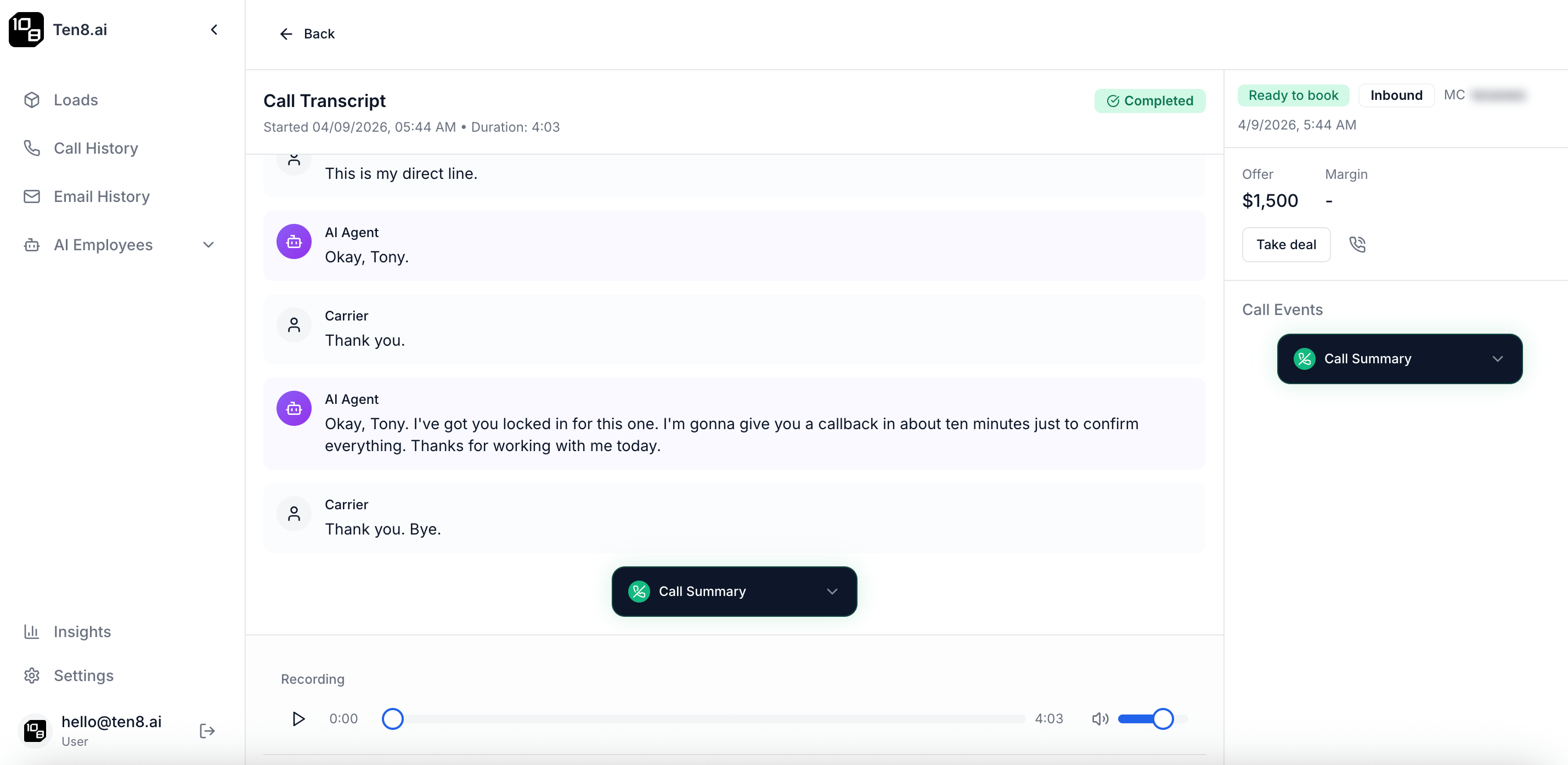 Ten8 product screenshot: AI-driven inbound voice and email operations